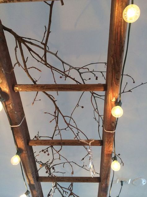 Vintage Living: Outdoor Entertaining Ideas Ladder Lighting, Wizard Room, Ladder Chandelier, Outdoor Entertaining Ideas, Bamboo Ideas, Vintage Ladder, Wood Beam, Backyard Entertaining, Wooden Ladder