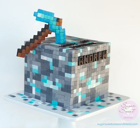 Diamond Ore Cube Minecraft Cake - by SugarSweet @ CakesDecor.com - cake decorating website Minecraft Pickaxe Cake, Minecraft Birthday Cake For Boys, Ore Minecraft, Minecraft Pickaxe, Minecraft Font, Minecraft Cakes, Minecraft Bday, Minecraft Diamond, Diamond Cake