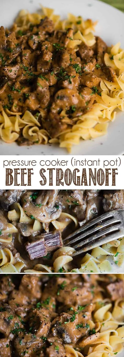 Beef Stroganoff doesn't get much easier than when you make it in your pressure cooker. The Instant Pot creates succulent, tender pieces of beef smothered in a flavorful mushroom sour cream sauce and served over noodles will satisfy anyone's cravings! #beefstroganoff #instapot #instantpot #pressurecooker #easy #recipe #best #fromscratch #withstewmeat #traditional #creamy #withsourcream #homemade #classic Pressure Cooker Beef Stroganoff, Crock Pot Stroganoff, Classic Beef Stroganoff Recipe, Instant Pot Beef Stroganoff, Beef Recipe Instant Pot, Beef Stroganoff Crockpot, Beef Stroganoff Easy, Slow Cooker Beef Stroganoff, Sour Cream Sauce