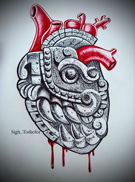 Mexican Tattoo Drawing, Aztec Heart Tattoo, Mexican Stomach Tattoo, Charra Tattoos Mexican, Mexico Drawing Ideas, Mayan Art Tattoo, Aztec Flower Tattoo, Aztec Art Drawings, Michoacan Tattoo