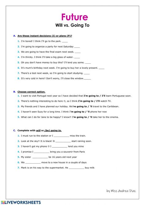 Will Vs Be Going To Worksheet, Will And Be Going To Worksheet, Will Or Going To Worksheet, Will Vs Going To Worksheets, English Teaching Materials, Future Tense, Grammar Exercises, English Exercises, Teaching English Grammar