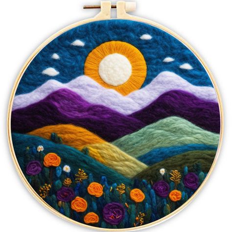 Needle Felting kit - Colorful Mountain Range Needle Felting Patterns Free, Needle Felt Jewelry, Needle Felting 2d, Flat Felting, 2d Needle Felting, Needle Felting Diy Tutorials, Needle Felting Ideas, Needle Felt Art, Felting Needles