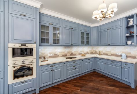 Powder Blue Kitchen, Average Kitchen Remodel Cost, Kitchen Cabinet Trends, Bold Kitchen, Girly Room Decor, Redecorating Ideas, Wall Decoration Ideas, Kitchen Island Decor, Kitchen Remodel Before And After