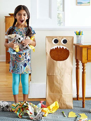 Turn two grocery bags into a friendly monster that wants nothing more than to be fed with paper scraps. Once it's full, pack up the whole shebang and send it to the recycling center. Cut a large oval hole in a large brown paper bag. Use a glue stick to attach a row of pointy, white paper teeth inside. Add paper eyes. Open a second paper bag and slip the first bag over it, overlapping the edges an inch or two. Seal the seam with masking tape.                 Originally published in the April ... Earth Day Crafts For Kids, Paper Monster, Friendly Monster, Earth Day Coloring Pages, Earth Day Crafts, Earth Day Activities, Paper Scraps, Brown Paper Bag, Grocery Bags