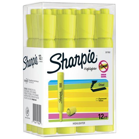 Sharpie Highlighters are reliable and long-lasting. Each highlighter features a different fluorescent color, a wide barrel and large ink supply for dependable marking. The quick-drying ink resists smearing (let ink dry before highlighting). These highlighters feature an easy gliding chisel tip that highlights and underlines both wide and narrow lines of text. Color: Yellow. Sharpie Highlighters, Yellow Highlighter, Best Highlighter, Fine Point Pens, Wrinkle Repair, Correction Tape, Fluorescent Yellow, Paper Mate, Fluorescent Colors