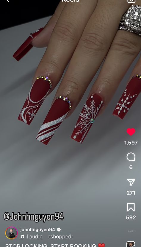 Christmas Nails With Rhinestones Bling, Red Christmas Nails With Rhinestones, Christmas Nails With Gems, Dark Christmas Nail Designs, Christmas Nails With Rhinestones, Glam Christmas Nails, Extra Christmas Nails, Baddie Christmas Nails, French Tip Christmas Nails