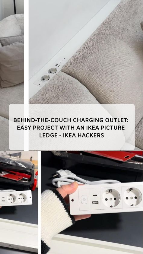 A behind the couch table or ledge with power outlets that let you charge your phone and laptop while wanting to relax on the sofa. Easy DIY. Ikea Hack Couch, Ikea Hack Sofa, Ikea Picture Shelves, Couch Table Diy, Shelf Behind Couch, Behind The Couch Table, Couch Ikea, Behind Sofa Table, Ikea Wall Shelves