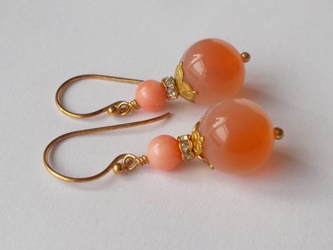 Artisan Earrings, Coral And Gold, Ear Hook, Bead Caps, Handmade Artisan, Earring Gifts, Gold Plating, Gold Vermeil, Jewelry Earrings Dangle