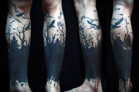 Forest Blackwork Mens Leg Sleeve Tattoo With Birds Backpiece Tattoo, Blackout Tattoo, Forest Tattoos, Geniale Tattoos, Calf Tattoo, Tattoo Cover-up, Up Tattoos, Cover Up Tattoos, Tree Tattoo