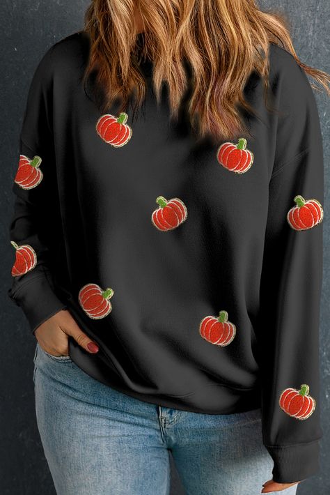 US$ 11.56 Drop-shipping Black Chenille Pumpkin Patched Drop Shoulder Plus Size Sweatshirt for Women Sequin Pumpkin, Fruits Plants, Red Christmas Sweater, Apricot Sweater, Thanksgiving Sweater, Plus Size Sweatshirt, Neck Details, Plus Size Fall Fashion, Black Pumpkin