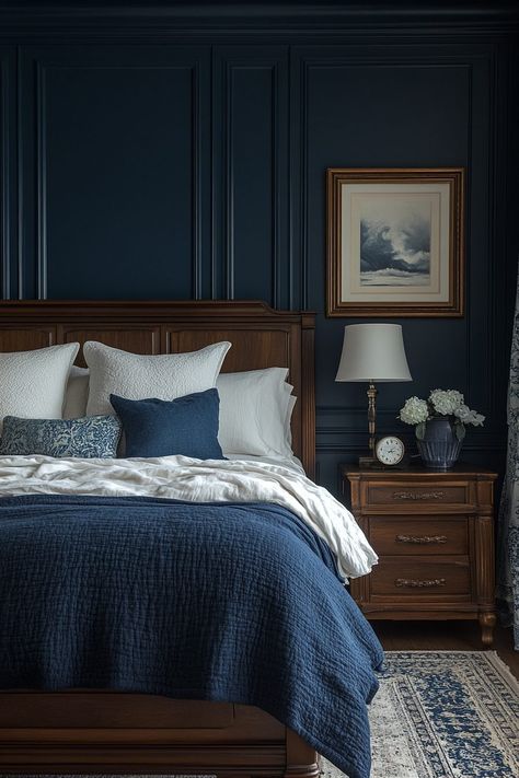 29 Cozy Bedroom Blue Ideas to Bring Comfort and Serenity into Your Room Blue Bedroom Accents, Slate Blue Bedroom, Bedroom Blue Ideas, Cozy Bedroom Blue, Deep Blue Bedroom, Moody Blue Bedroom, Cozy Blue Bedroom, Jordan Bedroom, Navy Blue Bedroom Walls