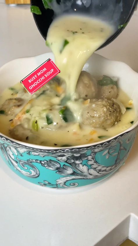 Meatball And Gnocchi Soup, Gnocchi Meatball Soup, Meatball Gnocchi Soup, Copycat Olive Garden Soup, Quick Meatballs, Creamy Gnocchi, Olive Garden Soups, Gnocchi Recipes Soup, Busy Mom Recipes