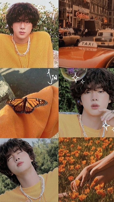 Jin Cute Wallpaper Aesthetic, Jungkook Orange Aesthetic, Jin Collage Wallpaper, Kim Seokjin Aesthetic Wallpaper, Jin Aesthetic Pics, Orange Theme Aesthetic, Seokjin Aesthetic Wallpaper, Kim Seokjin Cute, Jin Wallpaper Aesthetic