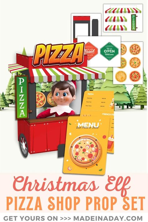 Transform your space with the Christmas Elf Shop Pizza Cart prop set - a delightful addition to any Christmas display. Download now and let the festive fun begin! Christmas elf, elf paper props, elf on a shelf printables, elf decorating scene Elf On A Shelf Printables, Pizza Cart, Elf On Shelf Printables, Printable Pizza, Farmers Market Birthday Party, Elf Printables, Paper Props, Elf Kit, Pizza Shop