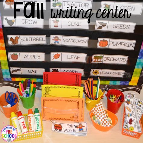 Fall writing center. Fall math, literacy, fine motor, art, sensory, and dramatic play activities for your preschool, pre-k, and kindergarten classroom. Fall Themed Activities, Writing Center Preschool, Pre-k Writing, Dramatic Play Activities, Writing Center Kindergarten, Motor Art, Fall Writing, Writing Station, Fall Math