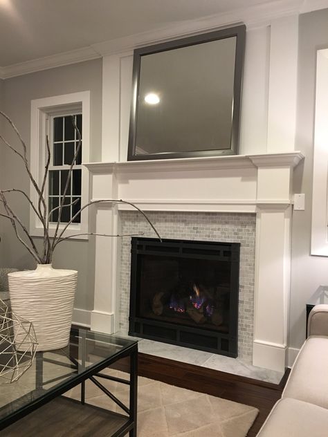 Board And Batten Above Fireplace, White Fireplace Mantel, White Fireplace Mantels, Fireplace Makeovers, Marble Hearth, Fireplace Redo, White Mantel, Mantel Fireplace, Fireplaces Ideas