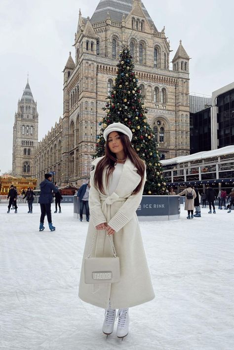 Complement the beauty of winter with SENTALER’s Bouclé Alpaca Long Notched Collar Wrap Coat in Ivory. Discover at sentaler.com #SENTALER Chic Snow Outfits, Christmas Coats Women, White Dress Winter Outfit, Winter In London Outfits, All White Winter Outfit, Russian Outfits, Designer Winter Outfits, White Winter Outfits, London Outfit Winter