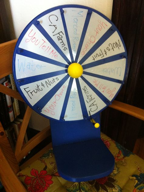 DIY prize wheel I made for outreach events. Triangle pie pieces are wipe off board vinyl, so they can be customized to the event. Need to get some darker pens! I utilized the California Institute for Rural Studies logo colors, and based the design on that of the Doodle Craft instructions, with some alterations. Diy Prize Wheel, Easy Carnival Games, Classroom Games Elementary, Drinking Games For Couples, Thanksgiving Games For Adults, Board Games For Two, Orange Punch, Prize Wheel, Trendy Games