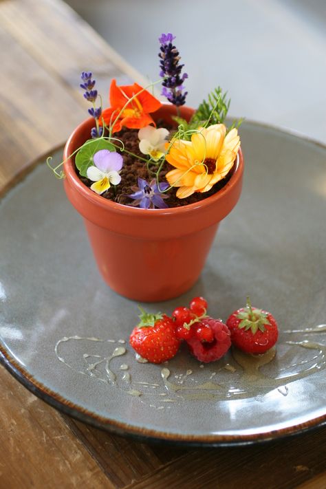 Honey Lavender Dessert, Edible Flower Desserts, Gelato Parlour, Honey Mousse, Garden Berries, Gin Garden, Berries And Chocolate, Lavender Dessert, Chocolate Soil