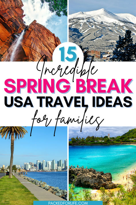 Four USA Spring Break travel ideas for families; Breckenridge mountains, Oahu beach, San Diego city view, and waterfall in Yosemite. Spring Break Family Destinations, Spring Break Vacations With Kids, Family Spring Break Ideas, Family Vacation Destinations Usa, Fun Family Vacation Ideas, Cheap Spring Break Ideas, Vacation Ideas Family, Spring Break Ideas For Families, Best Us Vacations