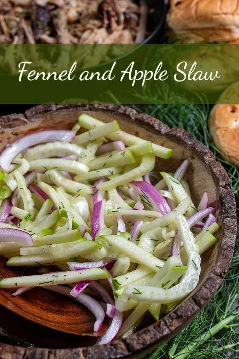 Fennel and apple slaw in a wooden serving bowl with cider pulled pork in a black plate behind it. Raw Fennel Recipes, Fennel Apple Salad Recipes, Apple Fennel Slaw Recipe, Coleslaw With Mayo, Apple Fennel Salad, Fennel And Apple Salad, Fennel Slaw, Fennel Recipes, Apple Salad Recipes