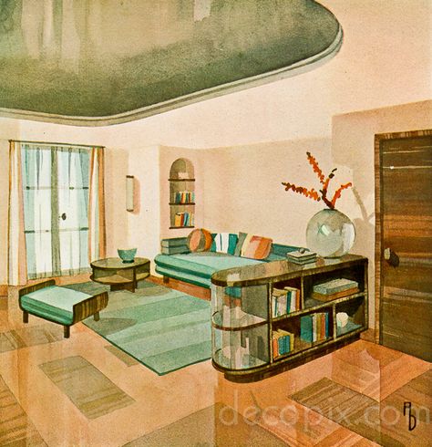 August Dietterle-2. Beautiful rendering. Streamline Moderne Interior, 1930s Interior Design, 1920s Interior, Art Deco Living Room, Art Deco Interior Design, Living Vintage, Deco Architecture, Interior Illustration, Room Deco