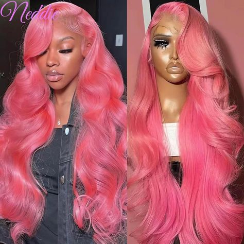 Pink Colored Body Wave 30 40 Inch Lace Frontal Wig 13x4 13x6 Brazilian HD Transparent Human Hair For Pink Lace Front Wig, Pink Lace Front, Birthday Basket, Hot Hair Styles, Frontal Wig, Color Inspo, Hair Inspo Color, Lace Frontal Wig, Frontal Wigs