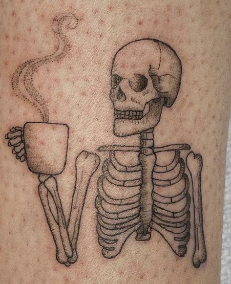 Skull And Coffee Tattoo, Skeleton Drinking Coffee Tattoo, Skeleton Coffee Tattoo, Skeleton With Coffee, Skeleton Tattoo, Coffee Tattoo, Skeleton Coffee, Coffee Tattoos, Skeleton Tattoos