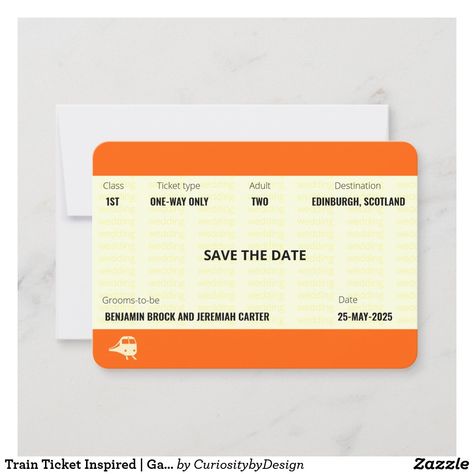 Train Ticket Inspired | Gay Wedding Save the Date Invitation Destination Wedding Invitation Wording, Gold Wedding Invitations Elegant, Gay Wedding Invitations, Ticket Wedding Invitations, Train Ticket, Wedding Invitation Background, Black And White Wedding Invitations, Traditional Wedding Invitations, Date Invitation