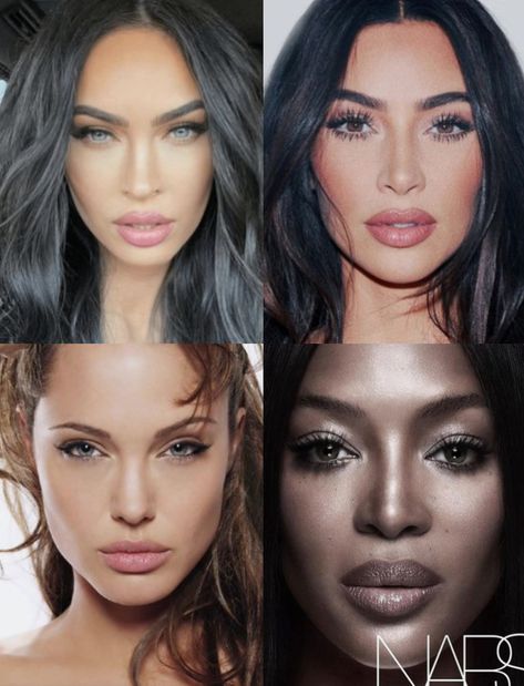 headshots of megan fox, kim kardashian, angelina jolie, and naomi campbell, all of whom have ethereal dramatic in their style type per theories of kibbe and kitchener Oneiric Essence Makeup, Romantic Archetype Makeup, Theatrical Romantic Makeup, Facial Types, Ingenue Romantic, Dramatic Ethereal, Theatrical Romantic Style, Toned Autumn, Dramatic Essence