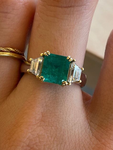 Engagement Ring With Trapezoid Side Stones, Square Emerald Ring Design, Genuine Emerald Ring, Gold Ring Emerald Stone, Emerald Square Ring, Wedding Rings With Emeralds, East West Sapphire Engagement Ring, Columbian Emerald Ring, Emerald Vintage Ring