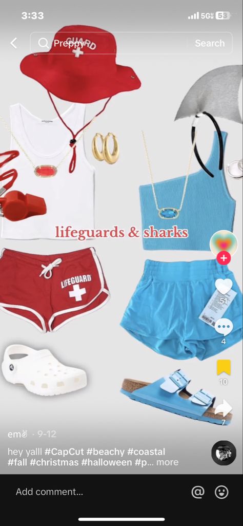 Og Halloween Costumes, Shark And Life Guard Costume, Life Guard And Shark Halloween Costume, Life Guard Halloween Costumes, Shark And Lifeguard Costume, Preppy Costume Ideas, Preppy Costumes, Preppy Halloween Costume, Halloween Bff