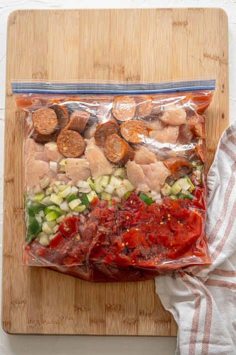 jambalaya ingredients layered in a freezer bag Jambalaya Recipe Instant Pot, Instant Pot Jambalaya, Batch Meals, Thriving Home, Dairy Free Dinner, Jambalaya Recipe, Creole Seasoning, Andouille Sausage, How To Cook Rice