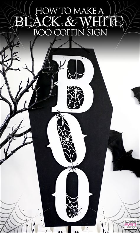 Black and White Halloween Party - DIY Boo Coffin Sign Diy Wood Coffin Halloween, Black And White Candy Table, Coffin Sign, Black And White Halloween Party, White Candy Table, White Halloween Party, Aleksandr Rodchenko, Wooden Halloween Decorations, Pretty Coffins