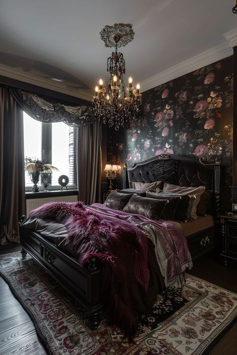 Get Inspired: 14 Unique Dark Feminine Bedroom Design Ideas! - My Decor Inspo Dark Witch Aesthetic Bedroom, Gothic Goblincore, Nice Beds, Fantasy Bedrooms, Nest Room, Feminine Bedroom Design, Gothic Bedroom Ideas, Dark Bedrooms, Gothic Farmhouse