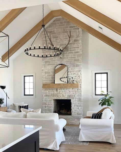 Vaulted Ceiling Living Room, Stone Fireplace Surround, Fireplace Built Ins, Rock Fireplaces, Hearth Room, Cottage Interior, Fireplace Remodel, Brick Flooring, Room Additions