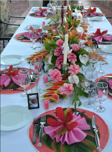 Tropical Table Decor, Hawaiian Flower Arrangements, Tropical Tablescape, Tropical Table, Tropical Centerpieces, Tropical Glam, Tropical Flower Arrangements, Tropical Birthday Party, Hawaiian Party Decorations