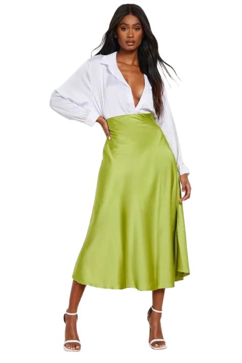 Lime Green Midi Skirt Outfit, Lime Green Satin Skirt Outfit, Satin Shirt And Skirt Outfit, Lime Green Skirt Outfit Summer, How To Style Green Skirt, Green Satin Skirt Outfit Summer, Lime Skirt Outfit, Dressy Skirts Outfits, Light Green Skirt Outfit