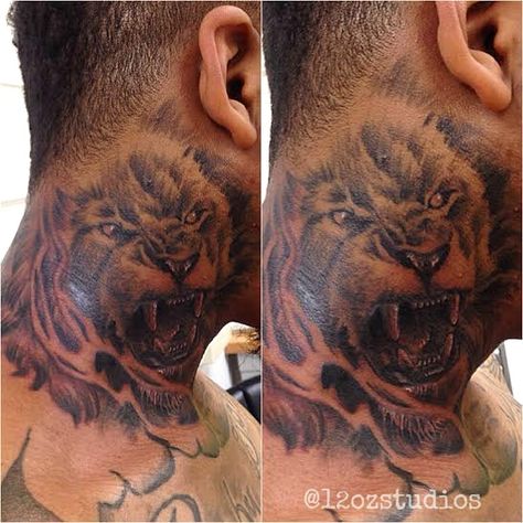 Finished black and grey lion portrait male neck tattoo by Kevin Soto. Lion Neck Tattoo Men, Tiger Neck Tattoo, Lion Neck Tattoo, Male Neck Tattoo, Lioness Tattoos, Shaded Tattoo, Lion And Lioness Tattoo, Male Neck, Neck Tattoos For Men