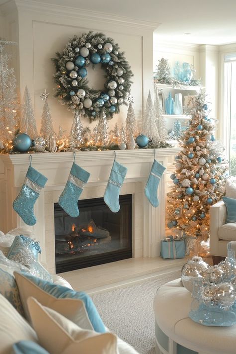 29 Ways to Style a Chic Blue Christmas Theme Ice Blue Christmas Decor, Blue Christmas Theme, Traditional Mantel, Blue Christmas Decor Ideas, Blue And White Christmas Decor, Silver And Blue Christmas, Blue Ornaments, Blue Christmas Decor, Christmas Mantel