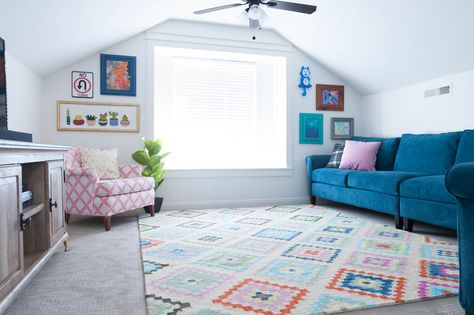 Upstairs Multi Color Play Room and Teen hangout Reveal with Rugs USA's  Berber Handmade Tribal Diamonds Rug! Attic Living Room Ideas, Teen Lounge Rooms, Hangout Room Ideas, Attic Living Room, Teen Hangout Room, Teen Hangout, Aesthetic Gaming, Room Gaming, Teen Lounge