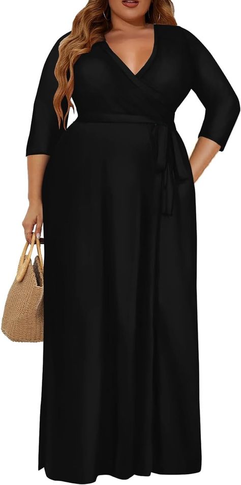 Milloud Plus Size Dress for Women - 3/4 Sleeve V-Neck Maxi Dress for Women with Belt and Pockets Solid Black 6XL at Amazon Women’s Clothing store Long Dress With Belt, Flowy Long Dress, Flowy Dress Casual, Flowy Dress Short, Flowy Dress Long, Plus Size Maxi Dress, Maxi Dress For Women, Plus Size Summer Outfit, Flowy Maxi Dress