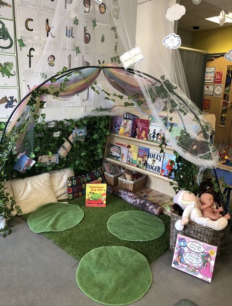 Reading garden area in the early years Early Years Reading Corner, Book Areas Early Years, Early Years Book Corner, Classroom Reading Garden, Early Years Library Ideas, Reading Corner Garden, Early Years Classroom Areas, Reggio Reading Corner, Early Years Reading Area