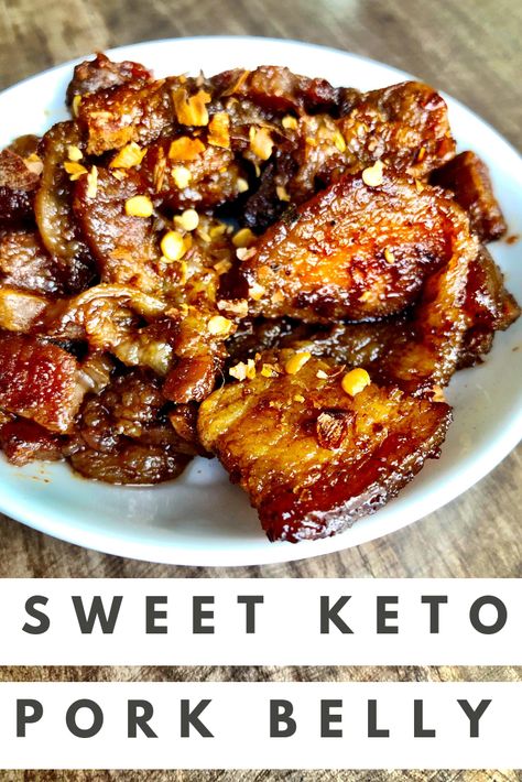 This Sweet and Spicy Keto Pork Belly is really easy to make and is a perfect with a side of coleslaw. #porkbelly Keto Pork Belly, Dirty Keto, Keto Diet Drinks, Keto Pork, Pesto Mozzarella, Keto Diet List, Keto Diet Snacks, Pork Belly Recipes, Keto Dinners