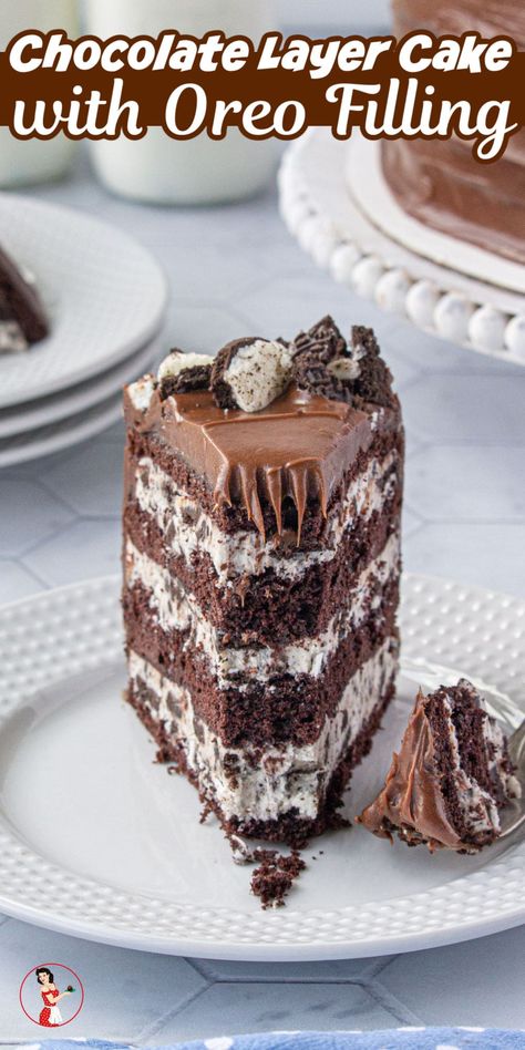 Homemade chocolate layer cake has a rich cookies and cream filling and chocolate frosting. So good! Oreo Cake Filling, Cookies And Cream Filling, Cake With Cookies, Chocolate Filling For Cake, Cookies And Cream Frosting, Oreo Filling, Restless Chipotle, Chocolate Oreo Cake, Cake Filling Recipes