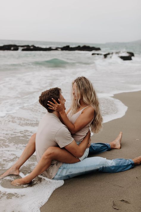 Beachside Couple Photoshoot, Cozy Beach Couple Photoshoot, Fun Beach Couple Shoot, Beach Water Couple Photoshoot, Beach Engagement Photos Steamy, Cloudy Beach Engagement Photos, Northern California Beaches, Couple Beach Pictures, Beach Engagement Photoshoot