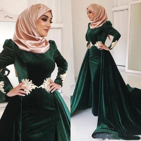 Muslim Prom Dress, Dresses High Neck, High Neck Prom Dress, Plus Size Evening Gown, Muslim Evening Dresses, Velvet Evening Dress, Gold Evening Dresses, Dark Green Dress, Aso Ebi Styles