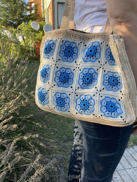 Blue Granny Square Bag / Afghan Crochet Tote Bag / Bohemian Style / Mama Staff Bag / Handmade Valentines Day Gift / Vintage Birthday Gift Granny Square Tote Bag, Granny Square Tote, Crochet African Flowers, Flower Granny Square, Granny Square Bag, African Flowers, Afghan Crochet, Crochet Tote Bag, Flower Bag