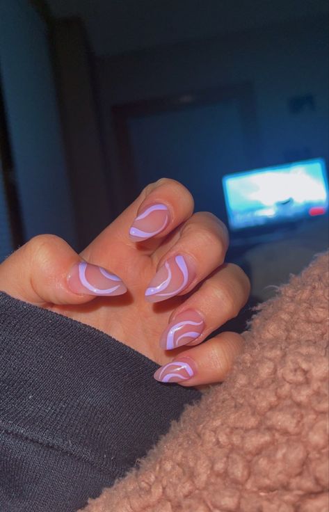 Lavender Swirl Nails, Spring Nails Lilac, Swirls Nails, Wavy Nails, Trendy Acrylic Nails, Nails Lilac, Swirl Nails, Purple Tips, Acrylic Designs