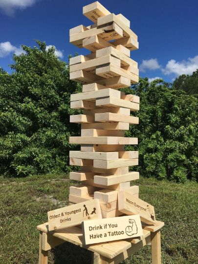 Big Jenga, Large Jenga, Jenga Drinking Game, Graduation Party Checklist, Game Wood, Outdoor Yard Games, Diy Yard Games, Graduation Party Games, Jenga Game